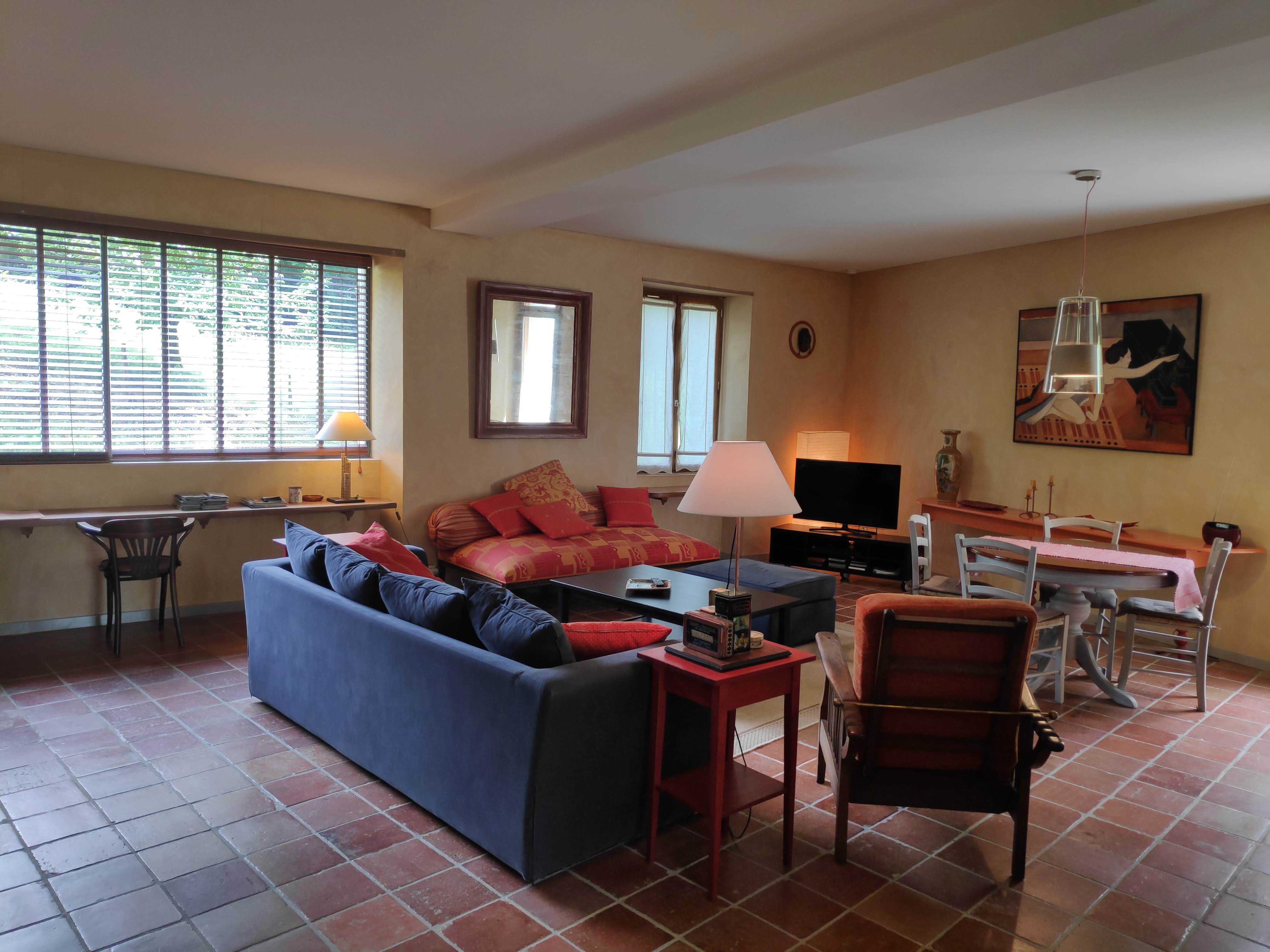 Séjour lumineux avec canapé et TV